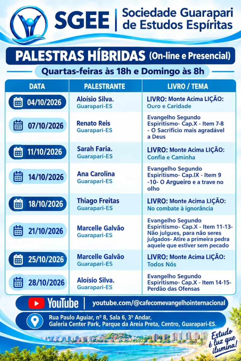 Programação do mês da Sociedade Guarapari de Estudos Espíritas – SGEE